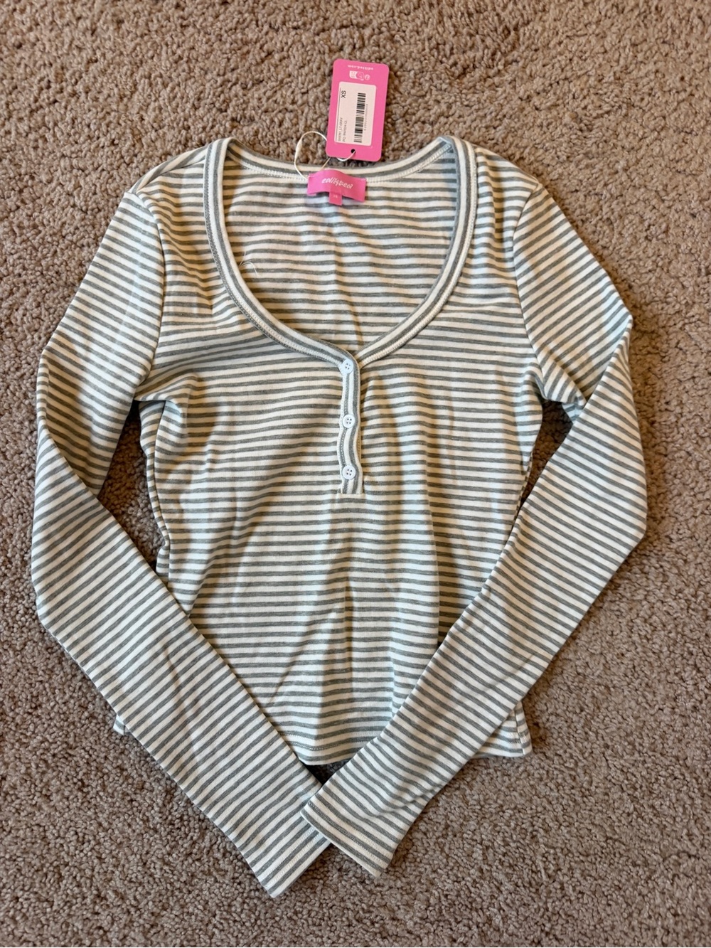 Edikted Striped Long-Sleeve Henley Top - Gray & White